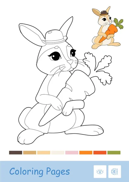 Gabarit coloré et image de contour incolore de lapin mignon tenant une carotte isolée sur fond blanc. Animaux sauvages enfants d'âge préscolaire coloriage illustrations de livres et activité de développement. — Image vectorielle