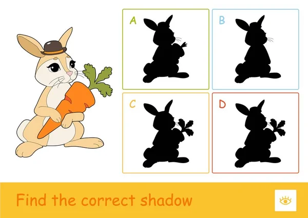 Trouvez le quiz d'ombre correct apprentissage jeu pour enfants avec lapin mignon tenant une carotte et quatre ombres de silhouette pour les plus jeunes enfants. Apprentissage des animaux sauvages — Image vectorielle