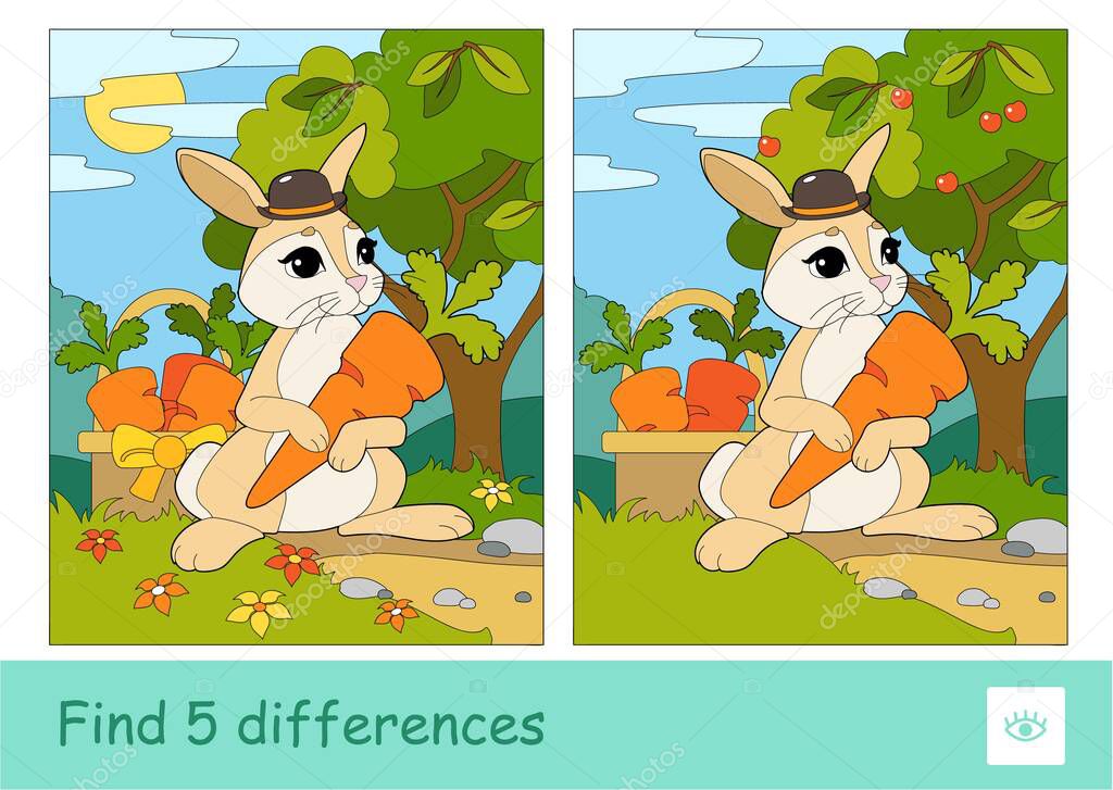 Find five differences quiz learning children game with cute bunny in a hat picking carrots in a basket in a wood. Colorful image of wild animals.