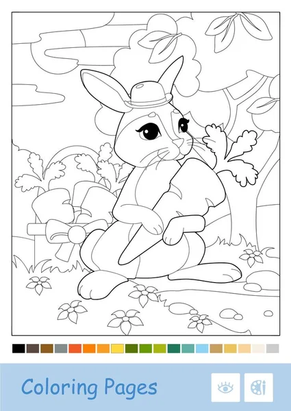 Ilustração de contorno vetorial incolor de coelho em um chapéu escolhendo cenouras em uma madeira isolada na paleta branca e sugerida. Animais selvagens pré-escolares crianças colorir páginas — Vetor de Stock
