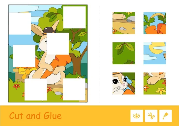 Couper et coller vecteur apprentissage jeu d'enfants. puzzles colorés de lapin mignon dans un chapeau cueillette de carottes dans un bois. Animaux sauvages activité éducative pour les enfants. — Image vectorielle