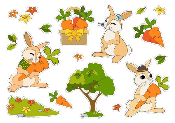 Colorful stickers set with rabbits in a hat and T-shirt, flowers, carrots in a basket isolated on white background. Cut and glue children games and decorations. — Stock Vector