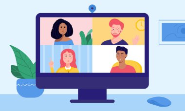 Masaüstü ekranında video konferansı aracılığıyla sohbet eden dört arkadaş. Genç adam ve kadınlar online partide sohbet ediyorlar. Uzak çalışma sırasında ekip üyelerinin çevrimiçi toplantısı.