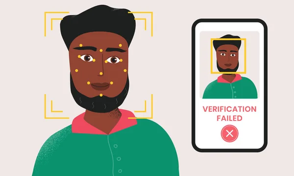 Homem sendo verificado através da tecnologia de identificação facial do smartphone e a verificação é falhada. Sistema de reconhecimento facial. Quadro de varredura de segurança e pontos — Vetor de Stock