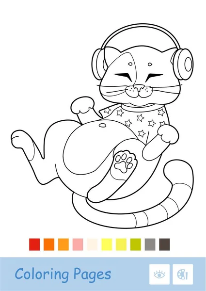 Ilustração Incolor Gato Bonito Camiseta Ouvindo Música Fones Ouvido Animais — Vetor de Stock