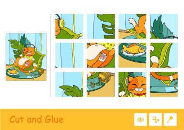 Colorful puzzle game for kids with the illustration of cute red cat in T-shirt, listening to the music in headphones, lying on a cozy pillow next to a plate and a clew. Developmental activity for kids clipart