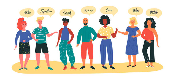 Multinational groop of people welcome in different languages as a concept of learning languages on special courses. Cultural exchange, communication with a native speaker and humanitarian education