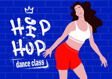 Duvara duvar yazısıyla yaslanmış bir kız dansçı. Hip-hop ya da sokak dansı turu, krump, caz-funk dans dersleri için vektör baskıya hazır afiş şablonu. Hobi ve eğlence..
