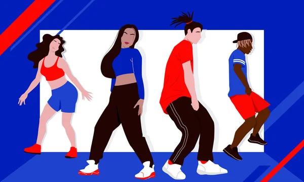 Vier Tänzer Üben Tanzkurs Hip Hop Tanz Oder Streetdance Stil — Stockvektor