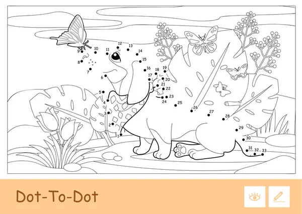 Incoloro contorno vectorial imagen punto a punto de un perro jugando con mariposas en un prado aislado sobre fondo blanco. — Vector de stock