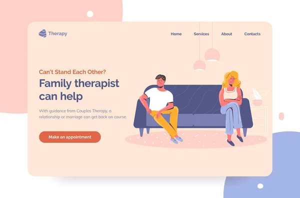 Serviço de terapeuta familiar para casais infelizes tendo crise de relacionamento. Psicólogo profissional landing page modelo de primeira tela. Irritado desapontado homem e mulher — Vetor de Stock