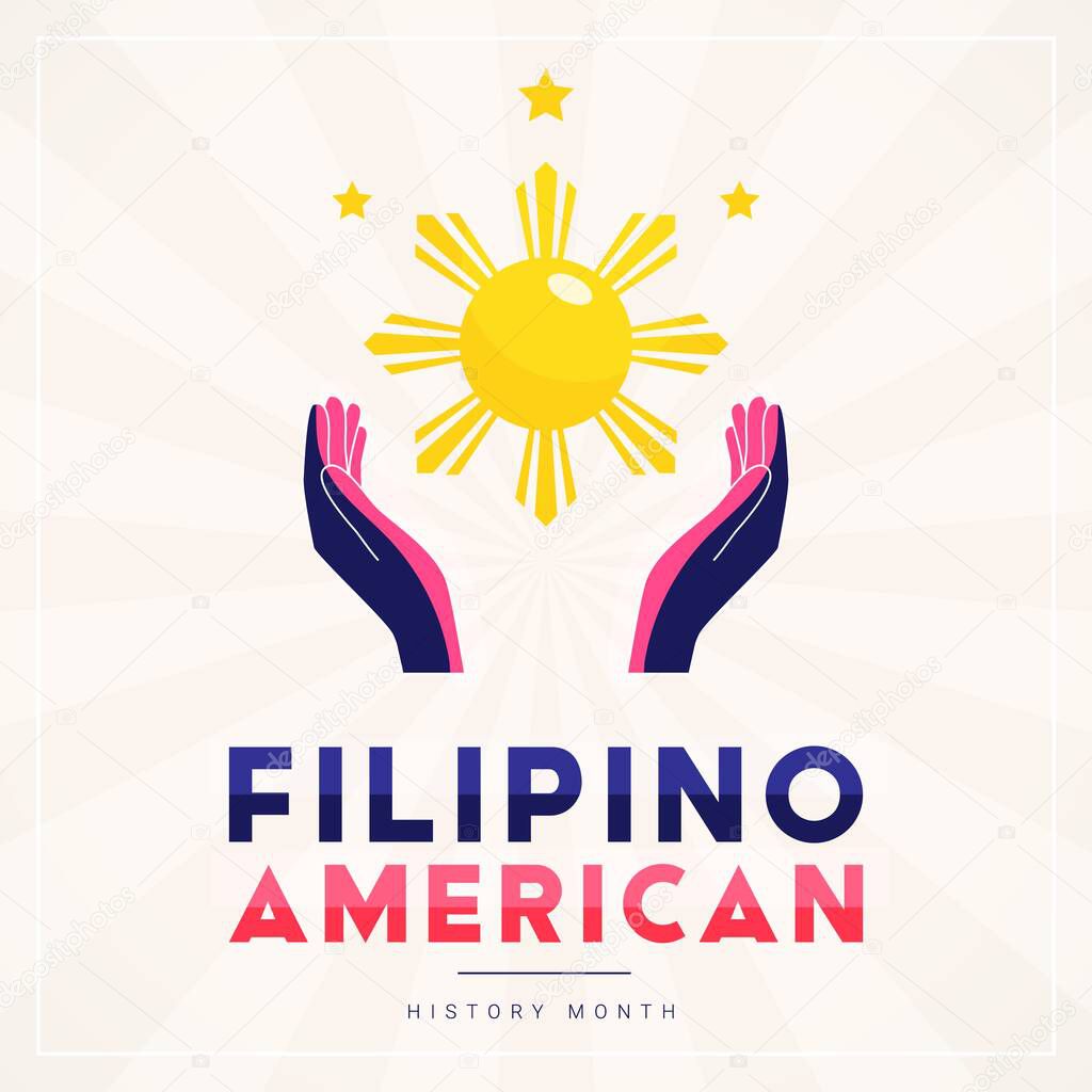 Filipino American History Month square vector banner template with hands illuminated by the sun and stars as the symbol of the contributions of Filipino Americans to world culture