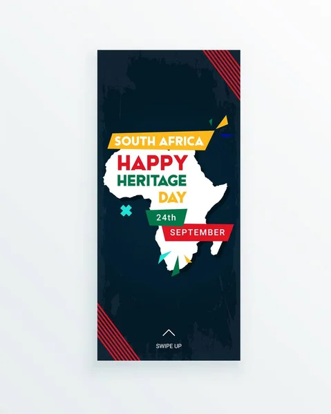 Happy South Africa Heritage Day - 24 Σεπτεμβρίου - πρότυπο ιστορίας social media με τα χρώματα της νοτιοαφρικανικής σημαίας και της αφρικανικής ηπείρου σε σκούρο φόντο. Γιορτάζοντας τον αφρικανικό πολιτισμό — Διανυσματικό Αρχείο