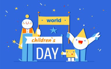 World Childrens Day - November 20 - horizontal vector banner template with cheerful childish geometric characters on blue background. Annual celebration in honor of children from all over the world clipart