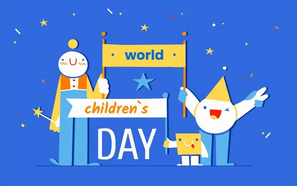 World Childrens Day - 20 листопада - горизонтальні векторні прапори з веселими дитячими геометричними символами на синьому тлі. Щорічне свято на честь дітей з усього світу. — стоковий вектор