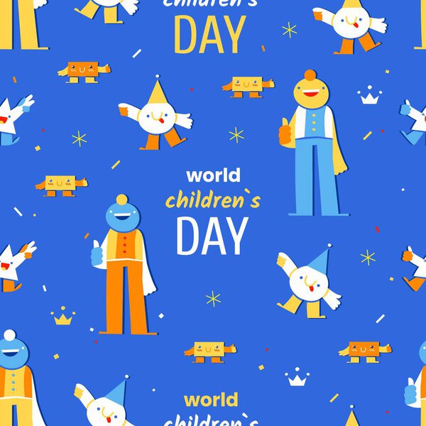 Всемирный день детей - 20 ноября - векторный бесшовный узор с веселыми детскими геометрическими символами и текстом на синем фоне. Ежегодное празднование в честь детей