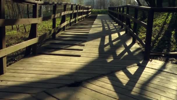 Ahşap köprü, yol düşünce park. — Stok video