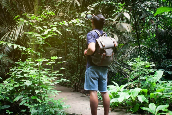 Mochilero Asiático Pie Parque Nacional Selva Tropical — Foto de Stock