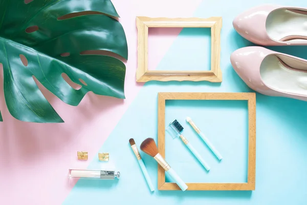 Creative flat lay of fashion blogger set on color background, Stylish and trendy workspace