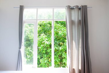 Perdeler ile pencere eşiği ev iç