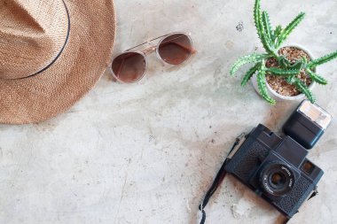 Yaratıcı düz kamera, trendy güneş gözlüğü, saman şapka ve beton arka planda çömlek kaktüs yatıyordu. Seyahat yaşam tarzı konsepti