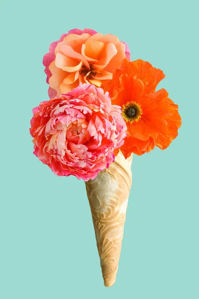 Ice cream cone with three crepe paper flowers