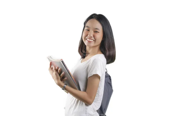 An Asian young student lady with the white backgroud — Stock Photo, Image