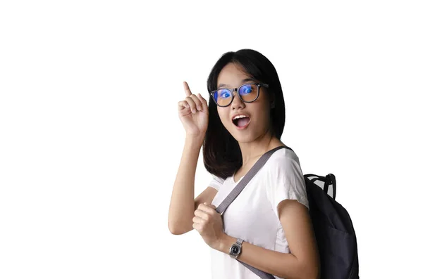 20 um asiático jovem bonita mulher saiu e carregando uma mochila wi — Fotografia de Stock