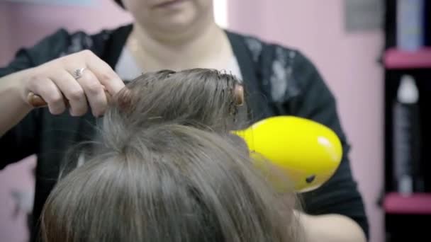 Peluquería hace peinado para niña. peluquería utiliza el secador de pelo — Vídeos de Stock