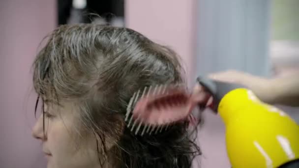 Coiffeur fait coiffure pour jeune fille. coiffeur utilise le sèche-cheveux — Video