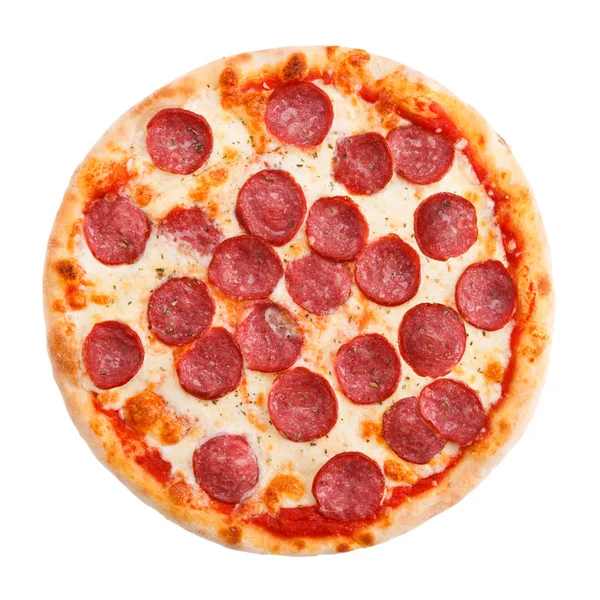 Pyszne Klasyczne Włoskie Pizza Pepperoni Kiełbaskami Serem Mozzarella Izolowane Białym — Zdjęcie stockowe
