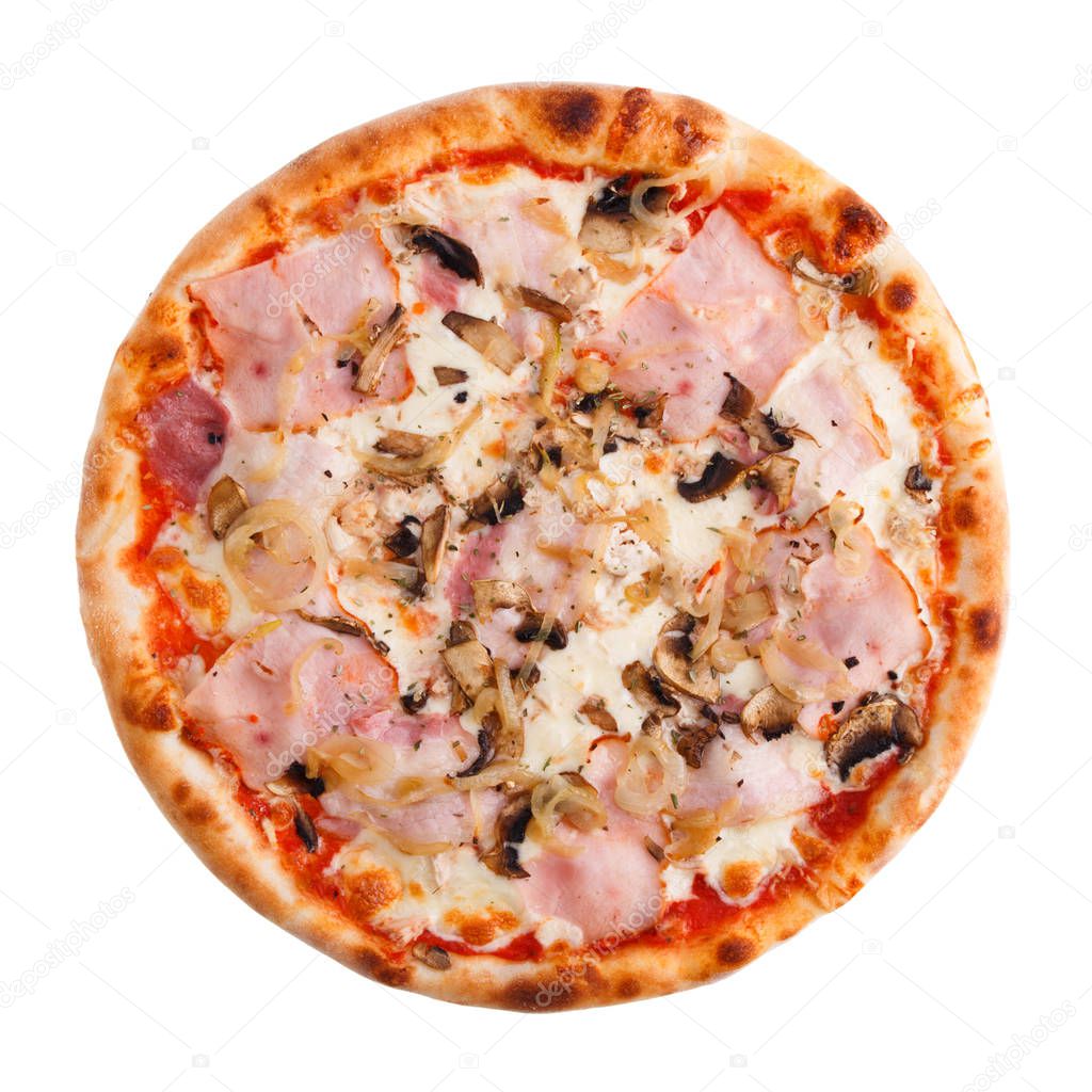 Delicious classic italian pizza with ham, onion, mushroom and cheese isolated on white background