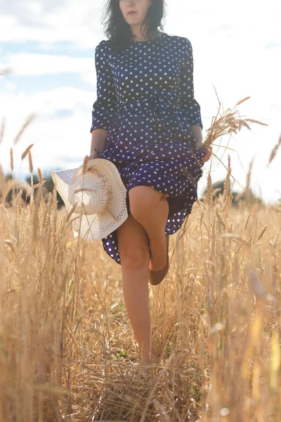 Jovem Bela Menina Morena Andando Campo — Fotografia de Stock