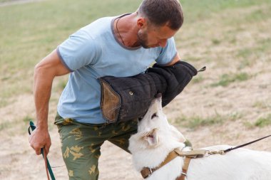 Eğitmen dersi beyaz İsviçreli çoban köpeğiyle birlikte yürütür. Köpek sahibini korur..