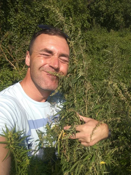 Happy Caucasian Man Makes Selfie Marijuana Plants — Stock Photo, Image