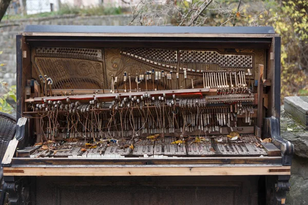 站在户外的一架旧的被毁的钢琴的内侧 — 图库照片