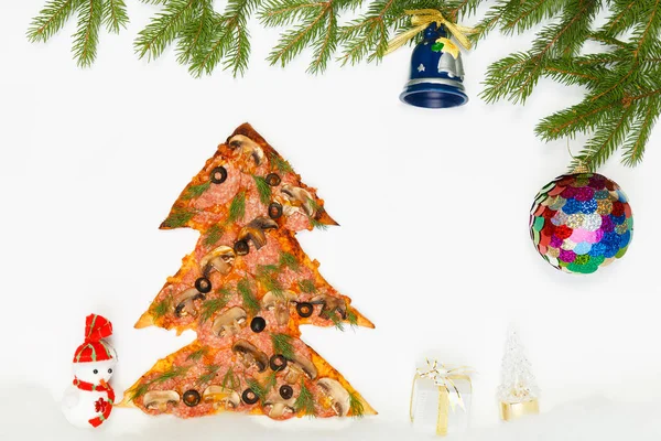 Cartão Saudação Com Uma Pizza Forma Árvore Natal Presentes — Fotografia de Stock