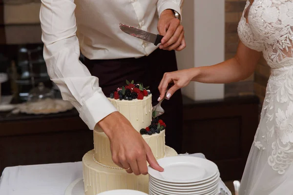 Sposa Sposo Ricevimento Nozze Tagliare Torta Nuziale — Foto Stock
