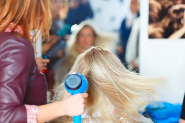 Hairdressers Hands Drying Blond Hair Blow Dryer Brush — Stock Photo, Image