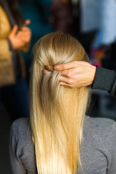 Stylist demonstrate female blonde hair after dying in beauty salon. Rear view.