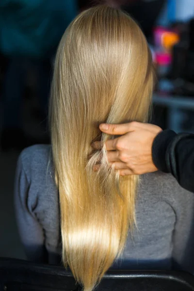 Stylist demonstrate female blonde hair after dying in beauty salon. Rear view.