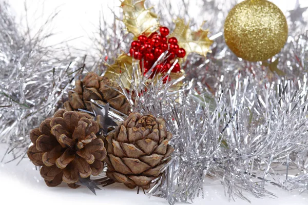 Christmas Background Golden Decor Ball Fir Brunch Pines — Stock Photo, Image