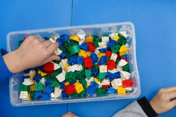 Close Child Hands Playing Colorful Plastic Bricks Table First Steps — Stock Photo, Image