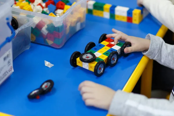 Close Child Hands Playing Colorful Plastic Bricks Table First Steps — Stock Photo, Image