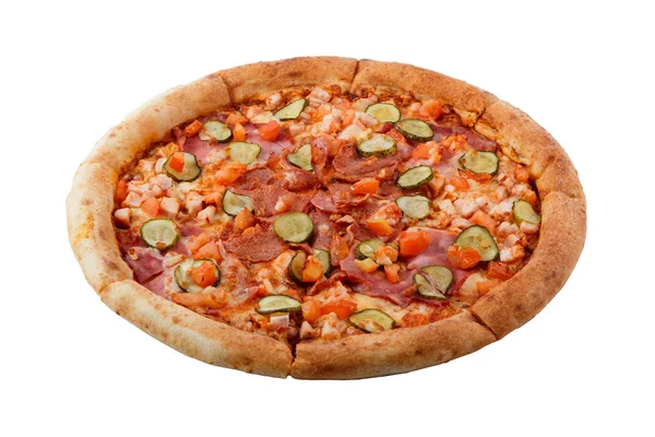 Deliciosa Pizza Clásica Italiana Con Jamón Salchichas Maíz Pepinos Queso —  Fotos de Stock