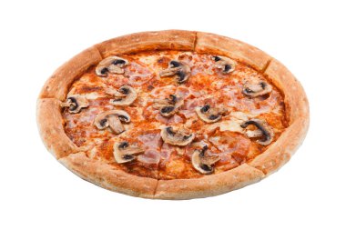 Lezzetli klasik İtalyan pizzası jambon, domates, mantar ve peynirli.