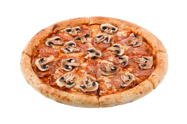 Delicioso clásico italiano Pizza Carbonara con salchichas, champiñones y queso —  Fotos de Stock