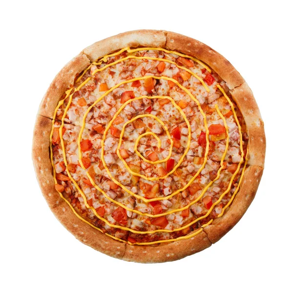 Deliciosa pizza italiana clássica com frango, pimenta búlgara e queijo — Fotografia de Stock