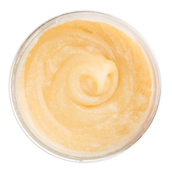 Çiğ çırpılmış yaban çiçeği bal kavanozunun üst görünümü