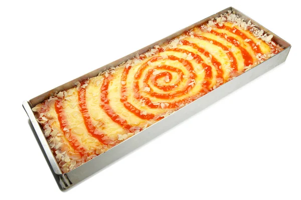 Large pie in metal tray — Stock Photo, Image